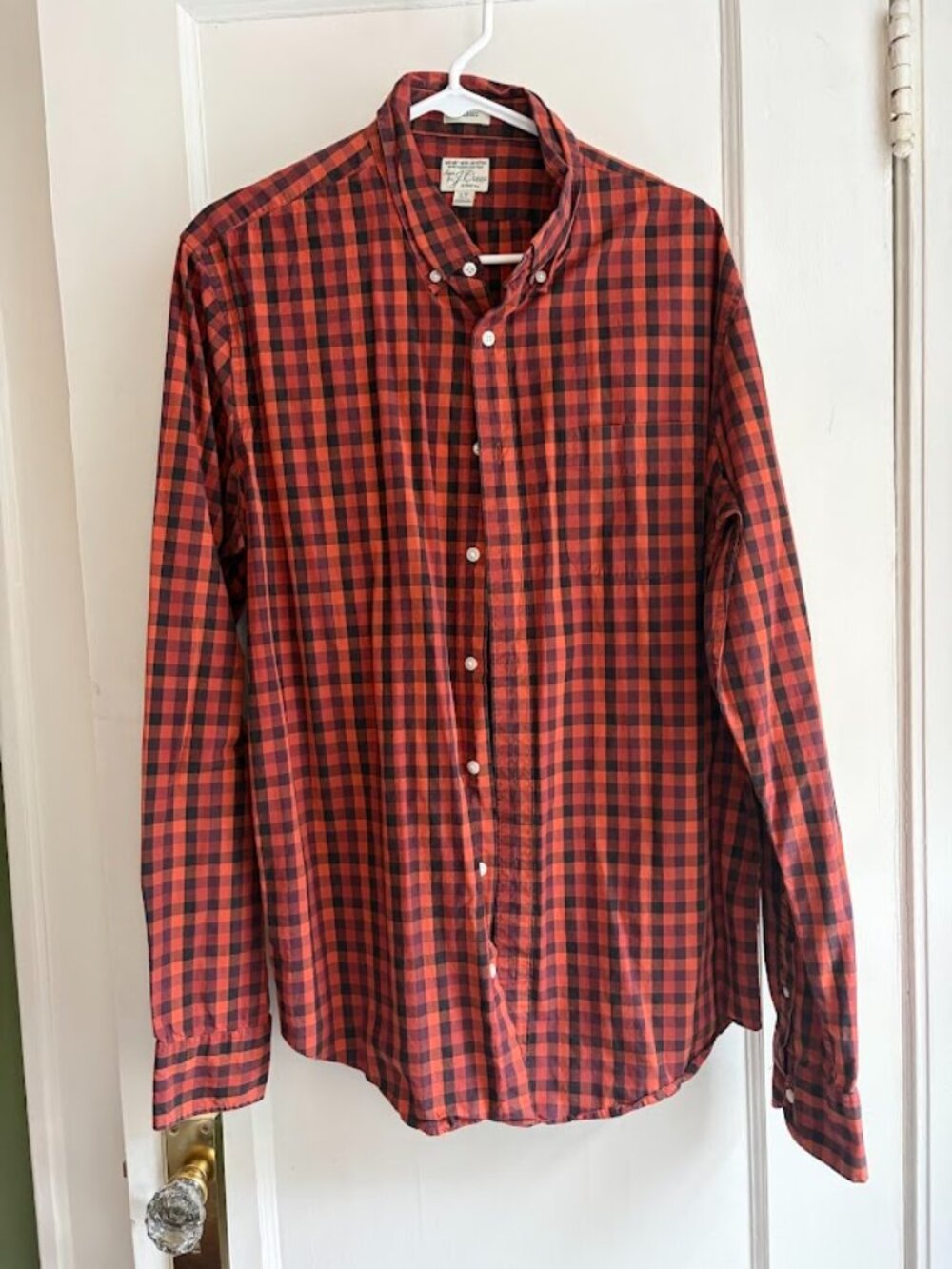 J CREW Men Large Tall Red Gingham Secret Wash Organic Cotton Stretch Shirt